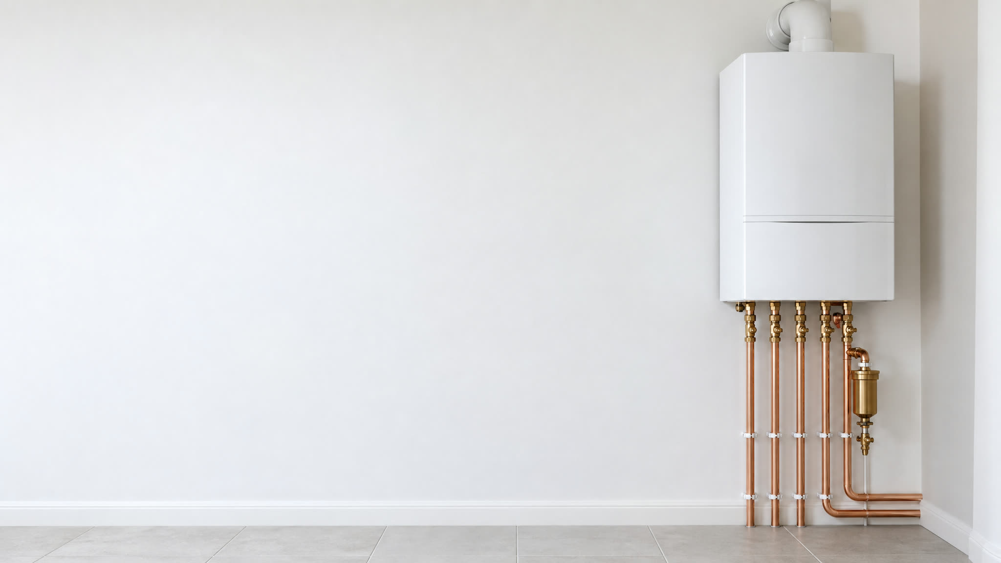 White boiler and copper pipework in a bright room